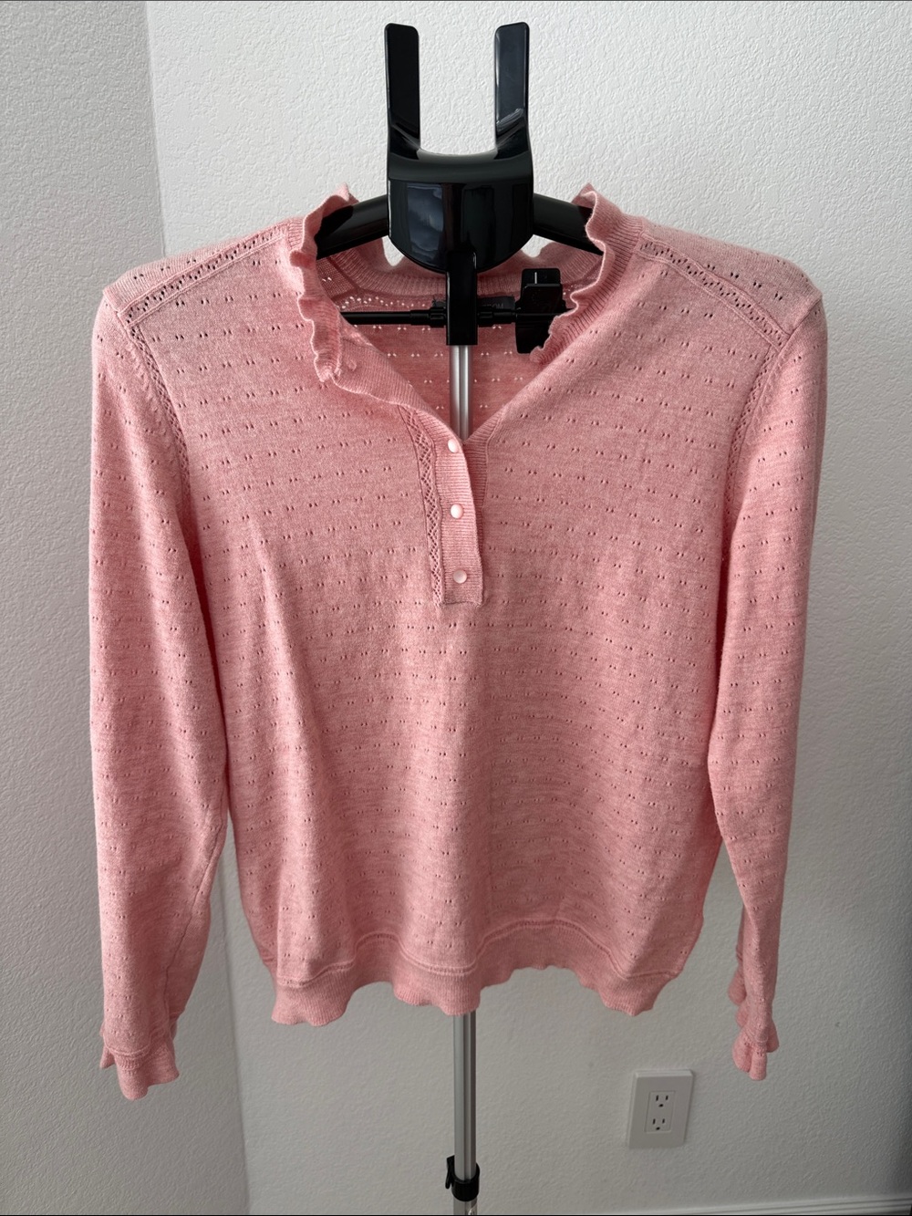 Wit & Wisdom Pink Ruffle-Trim Henley Sweater